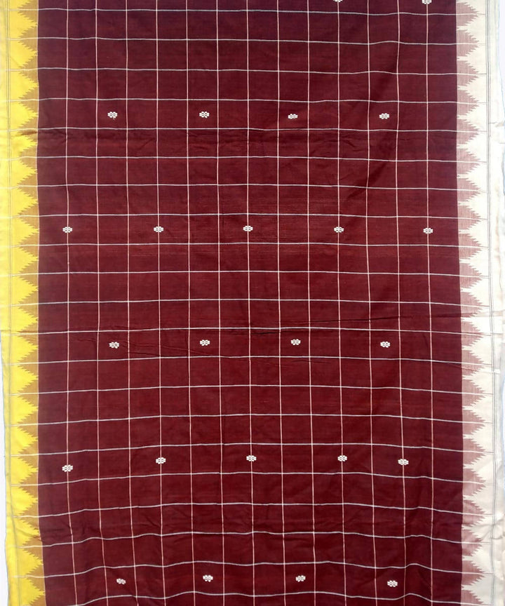 Maroon yellow checks handwoven coarse cotton kotpad saree