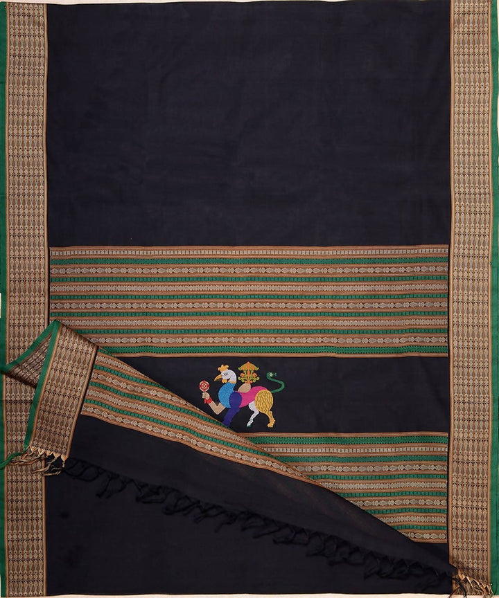 Black and beige Handloom Kanchi thread work cotton saree