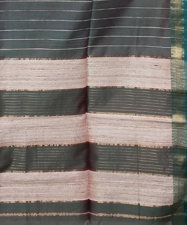 Grey green striped handloom cotton silk maheshwari saree