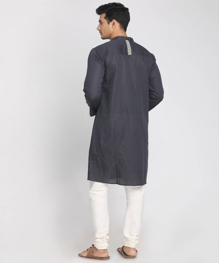 Grey cotton linen zari embroidery long kurta