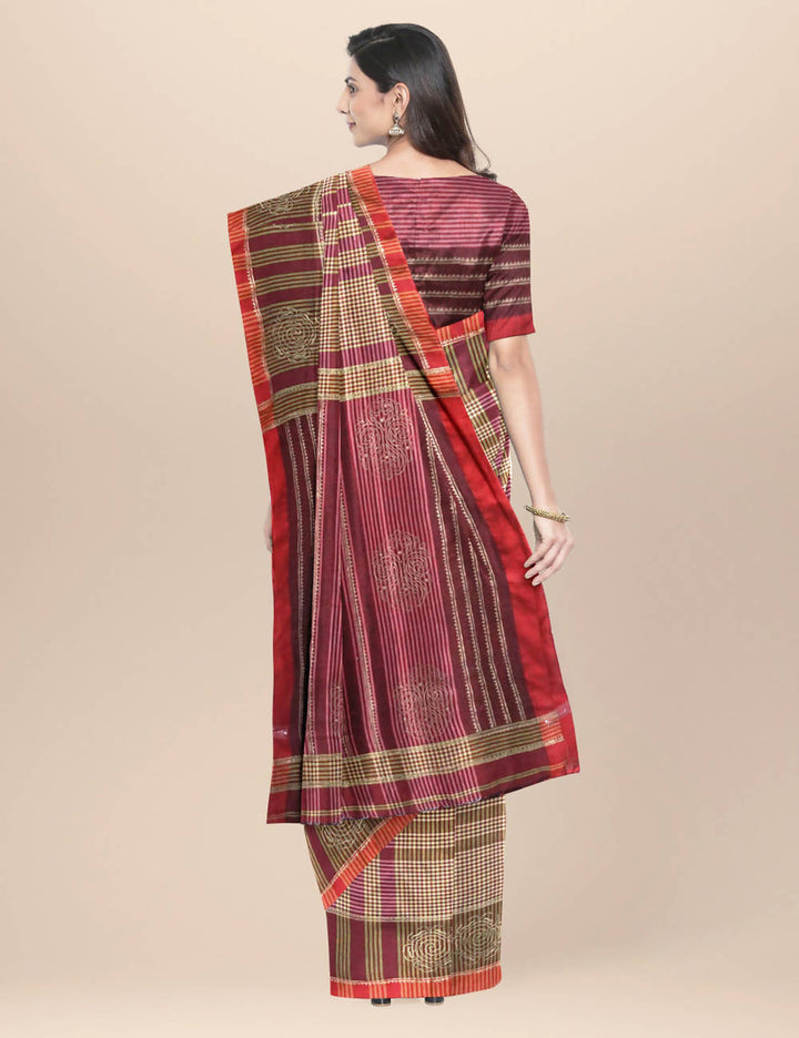 Maroon Cotton Handwoven Checks and Hand Block Printed Saree