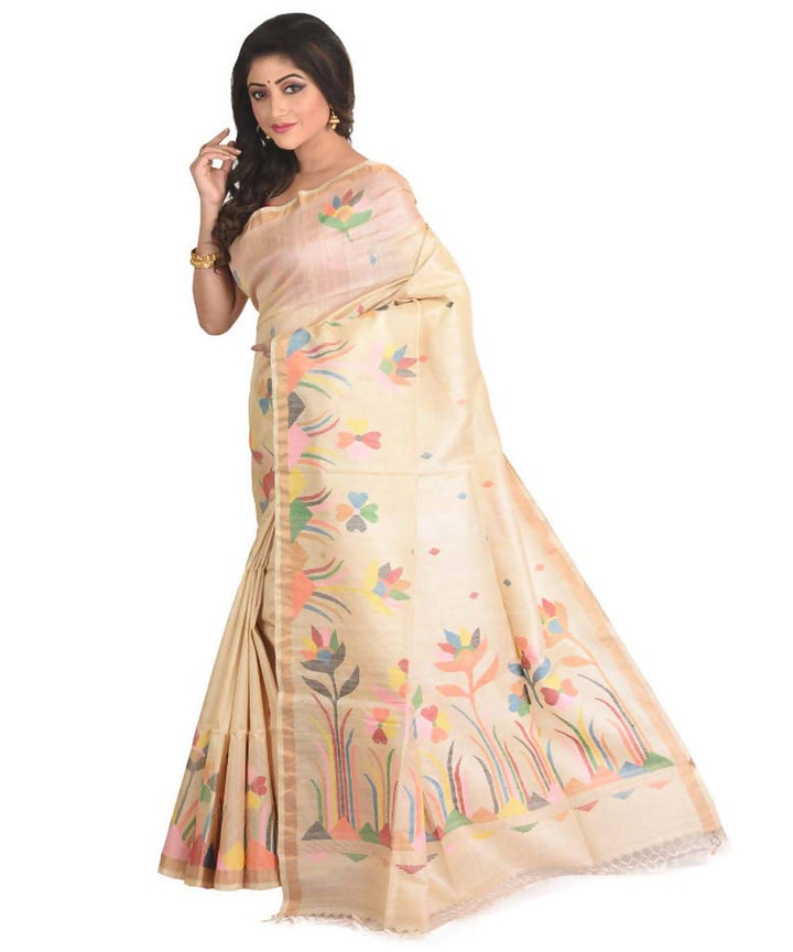 Resham shilpi bengal beige tasar saree with handwoven jamdani work