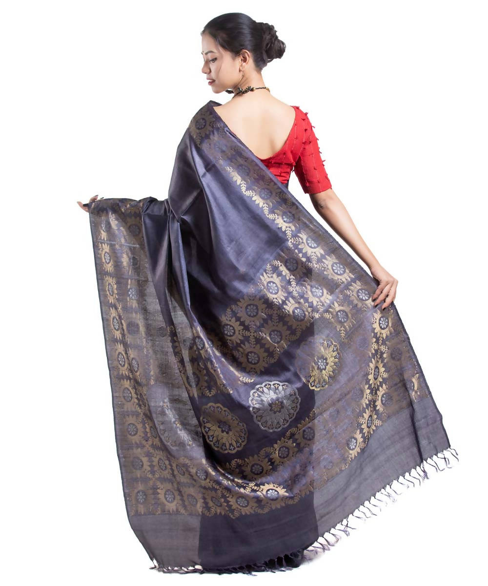Grey with golden buta handwoven tussar silk saree