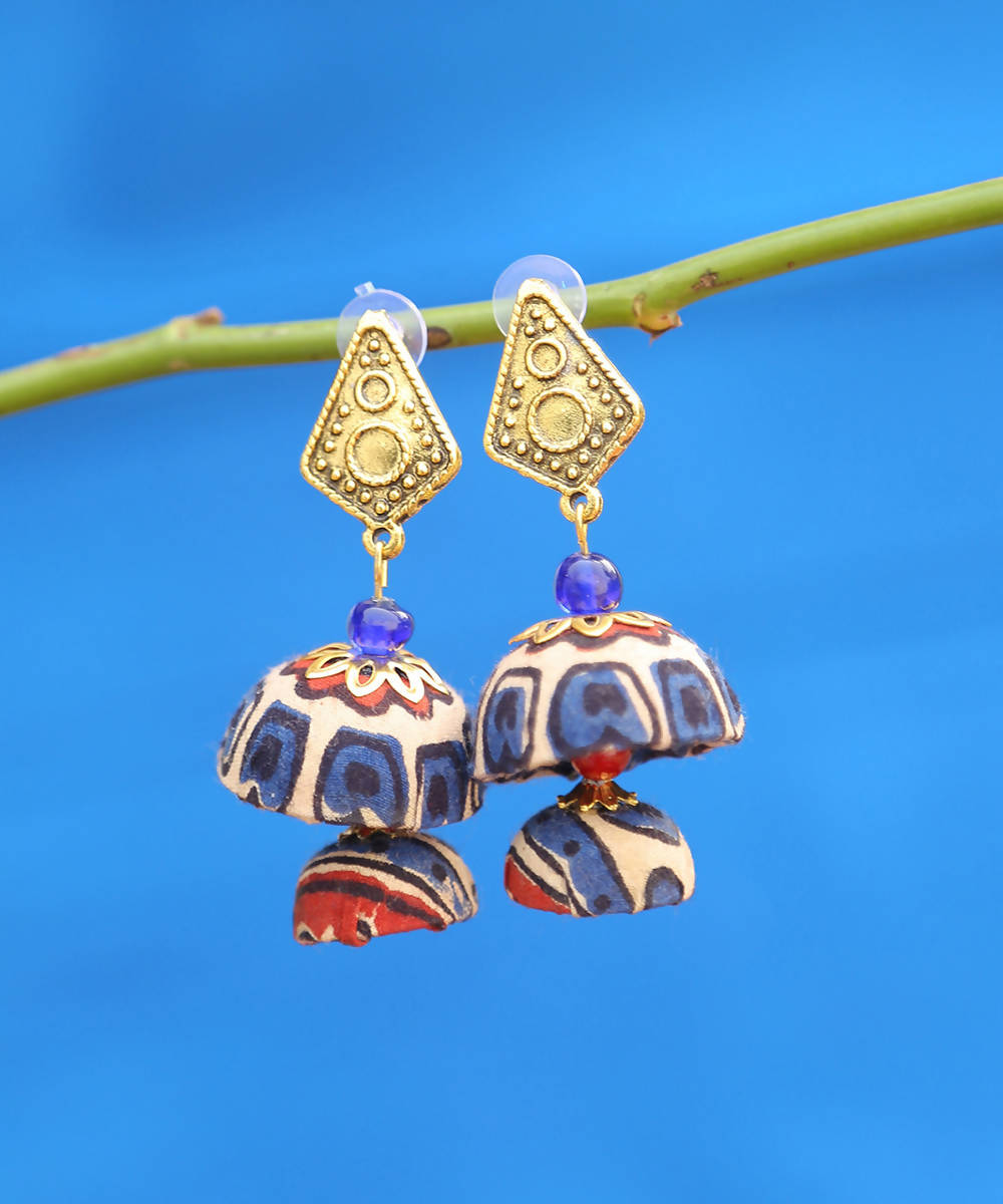 creme indigo red double jhumka pattern earring