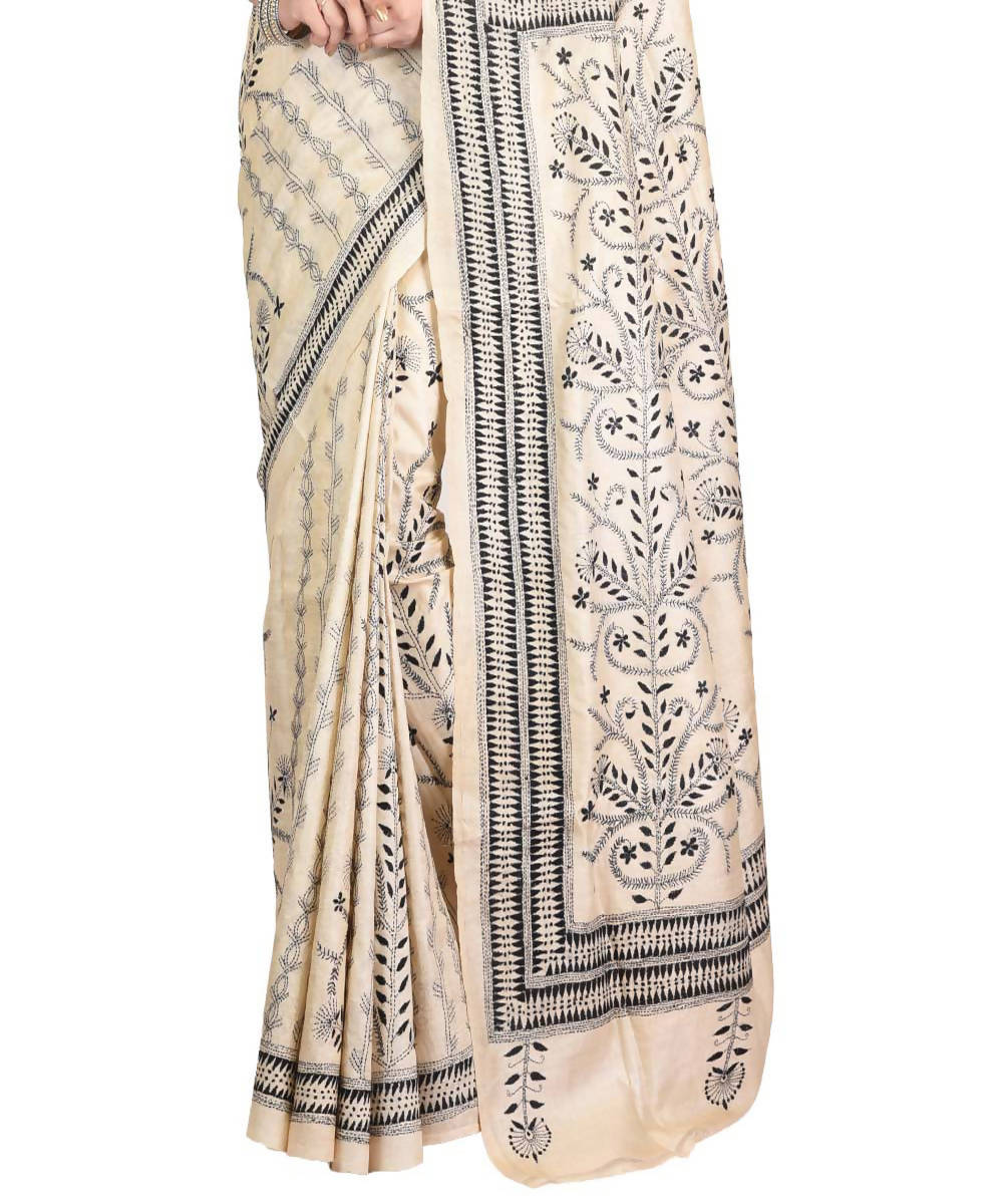 Cream bengal exclusive tasar saree with hand embroidery work
