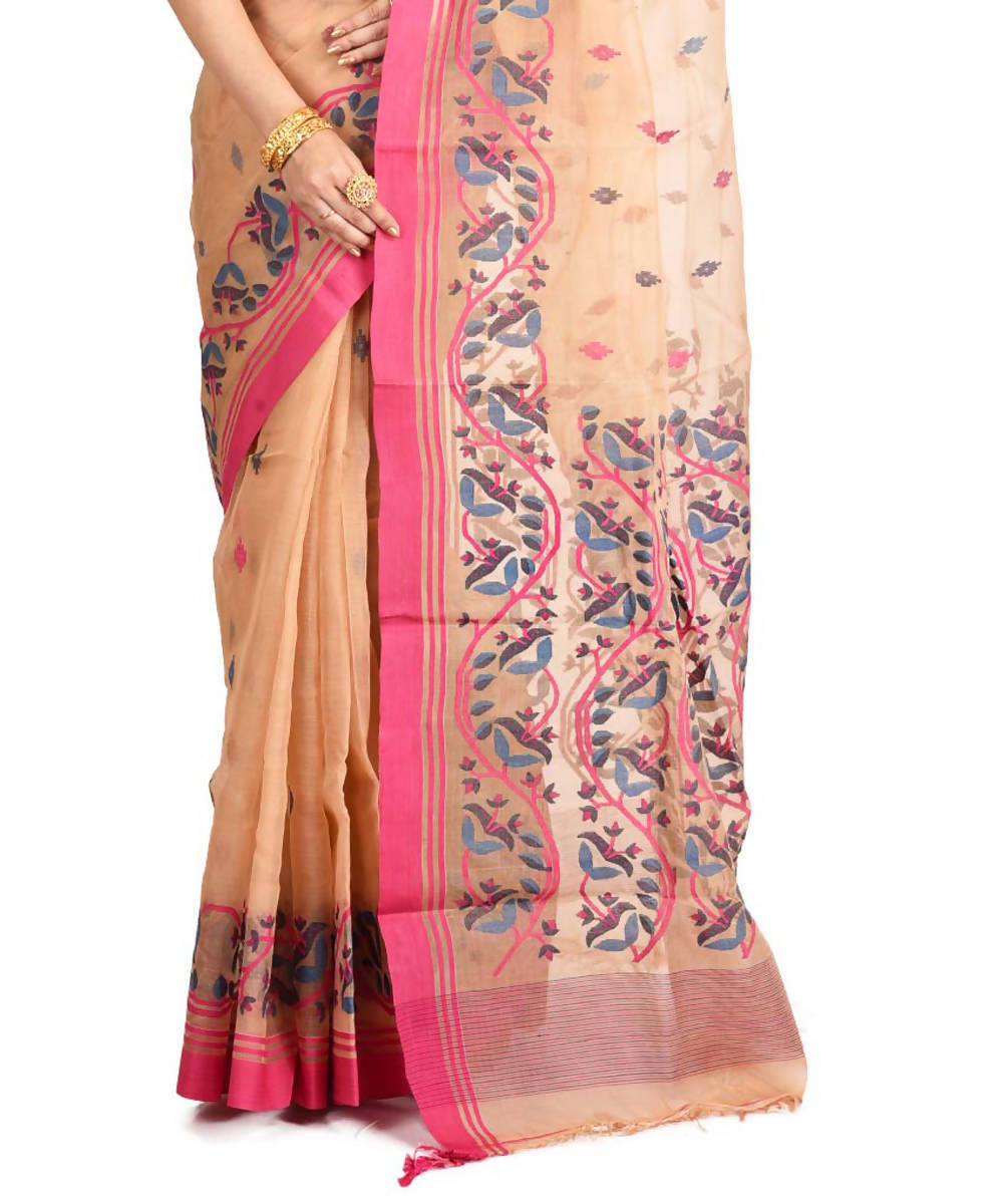 Resham shilpi cream bengal silk saree with handwoven jamdani work