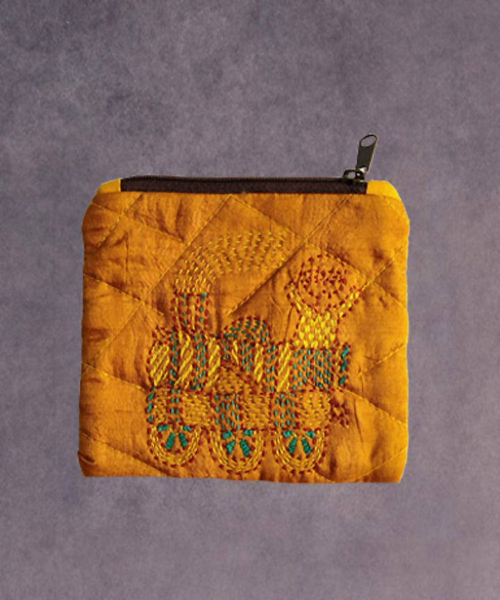 Mustard yellow hand made kantha stitch silk coin purse