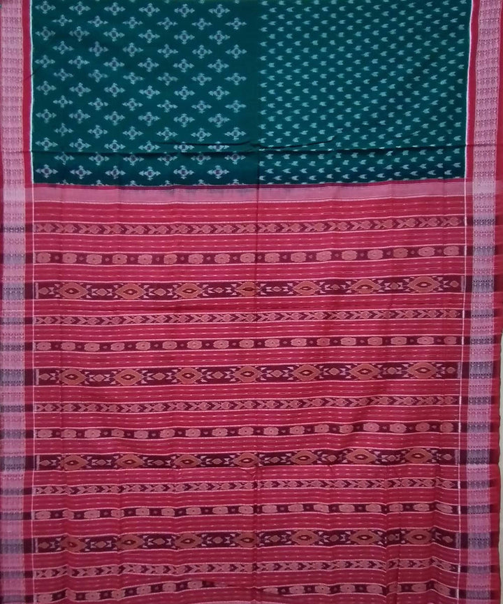 Dark green red handwoven cotton sambalpuri saree