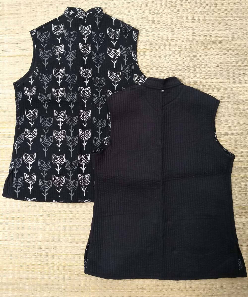 black handblock printed quilted reversible jacket