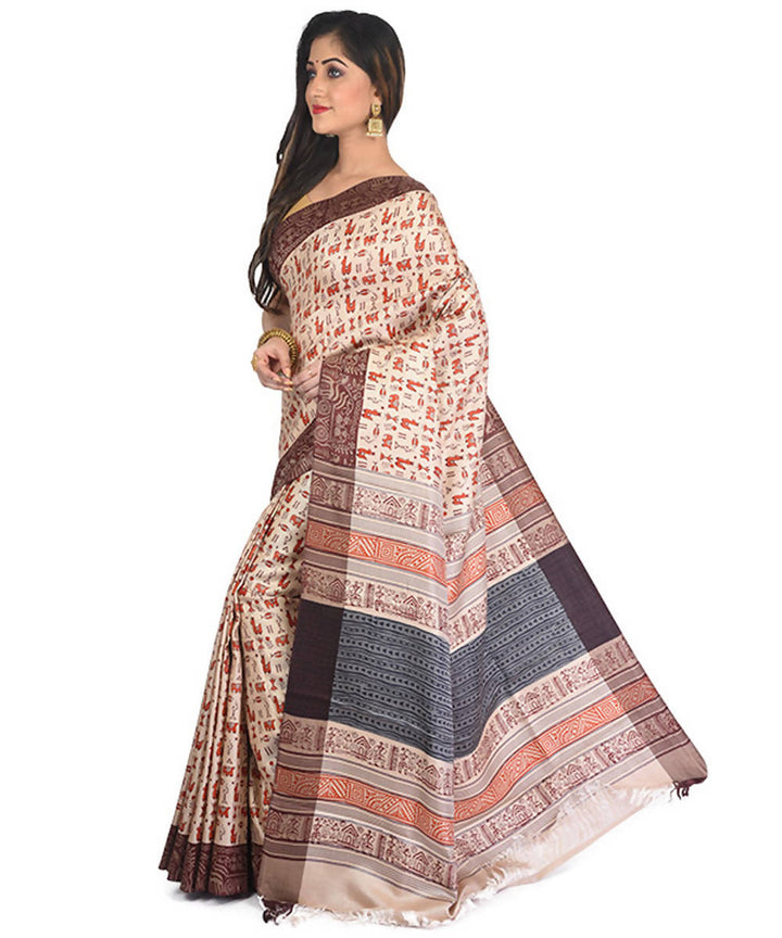 Beige handblock printed eri silk saree