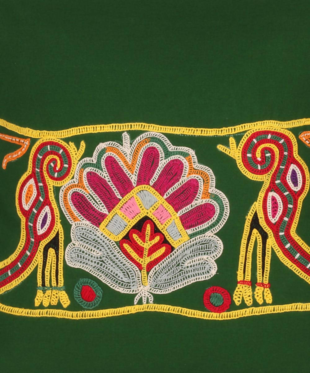 Dark green handcrafted soi embroidery cotton cushion cover