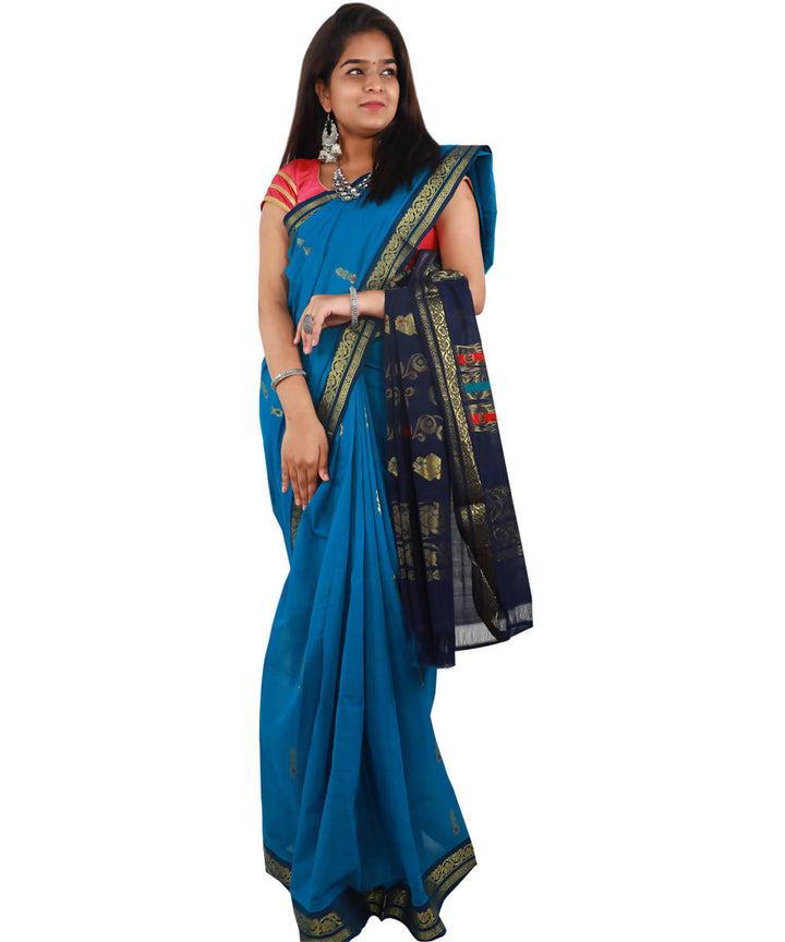 Blue bandar handloom cotton saree