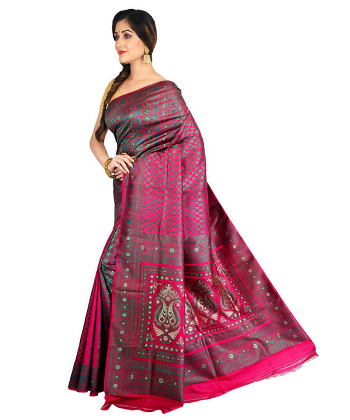 Double shaded fuchsia handwoven baluchari silk saree