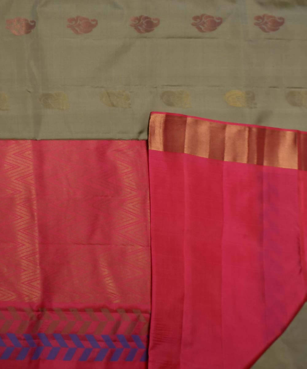 Grey Green Pink Handloom Soft Silk Saree