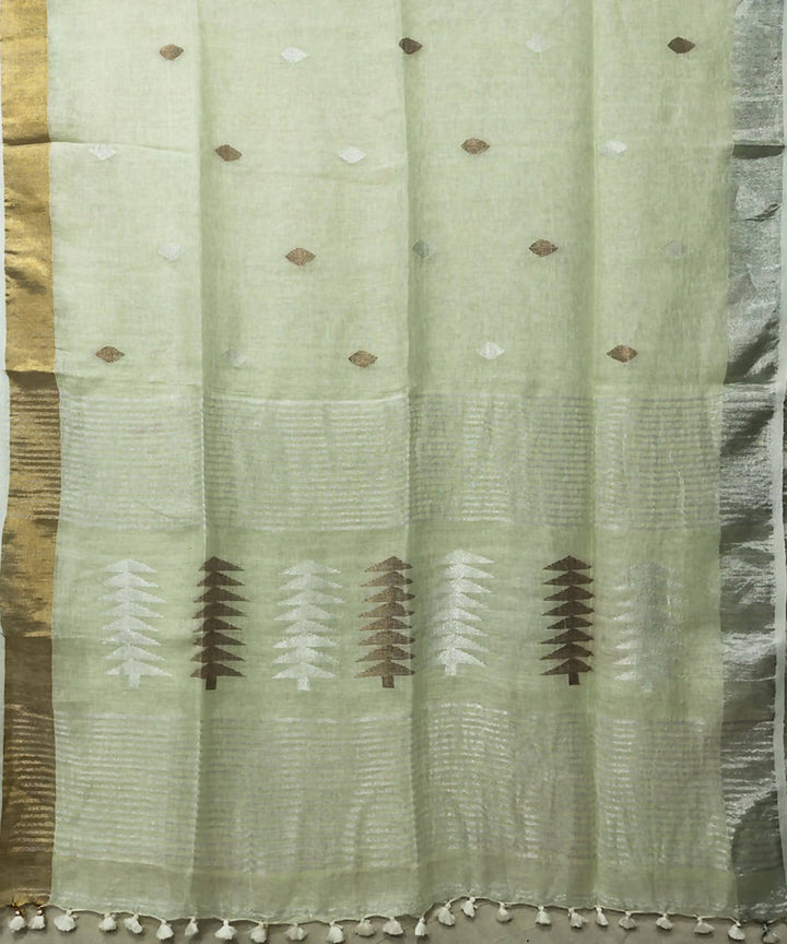 Pale green handloom linen jamdani saree