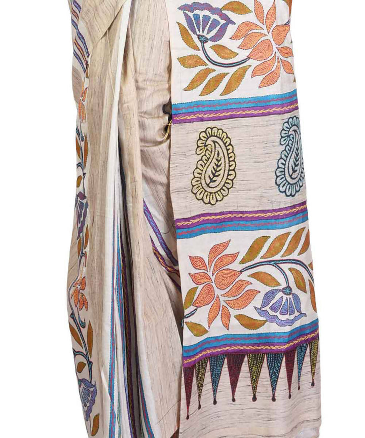 Off white and beige bengal hand embroidery tussar silk saree