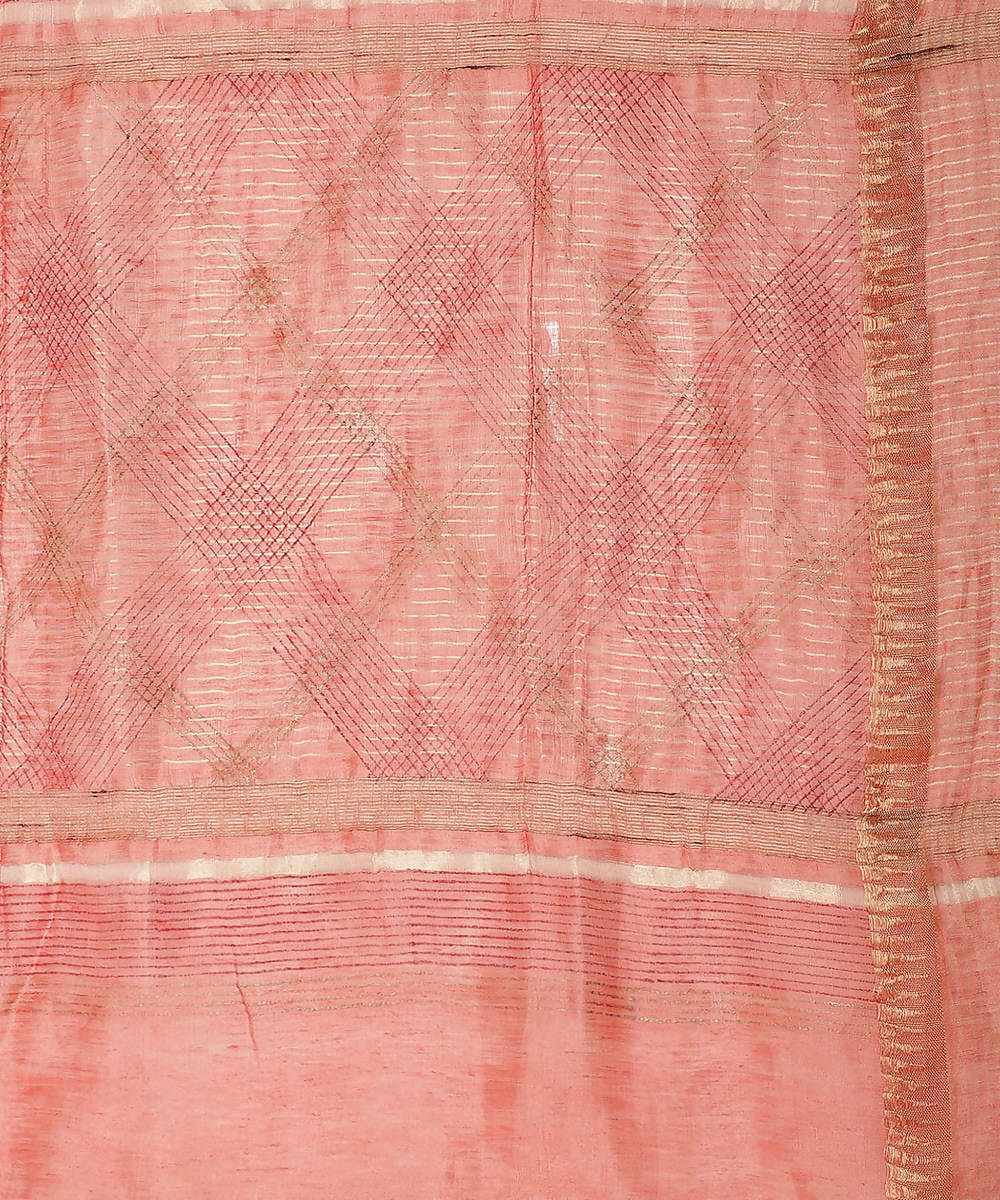 Peach Gold Block Printed Linen Saree