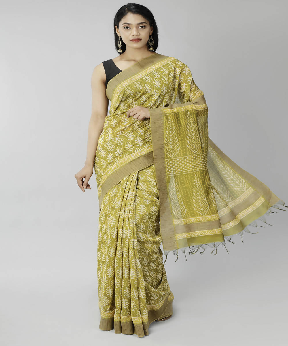 Brass bagru handblock printed cotton silk saree