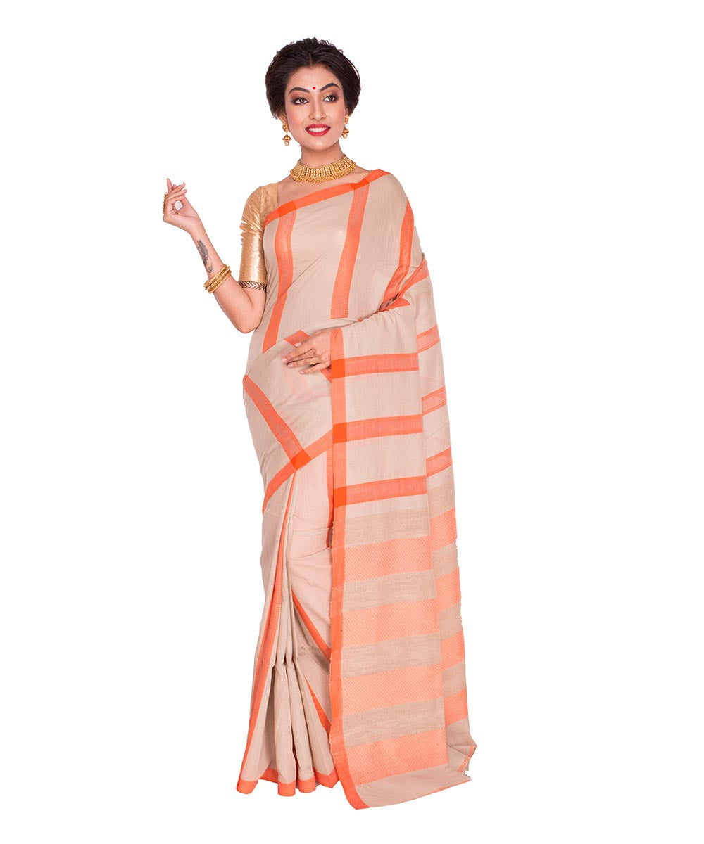 Beige Orange Stripe Handloom Cotton Saree