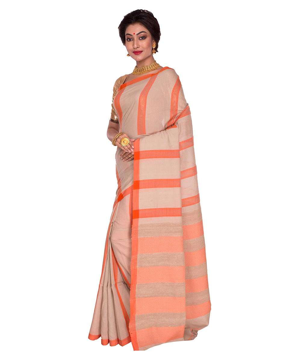 Beige Orange Stripe Handloom Cotton Saree
