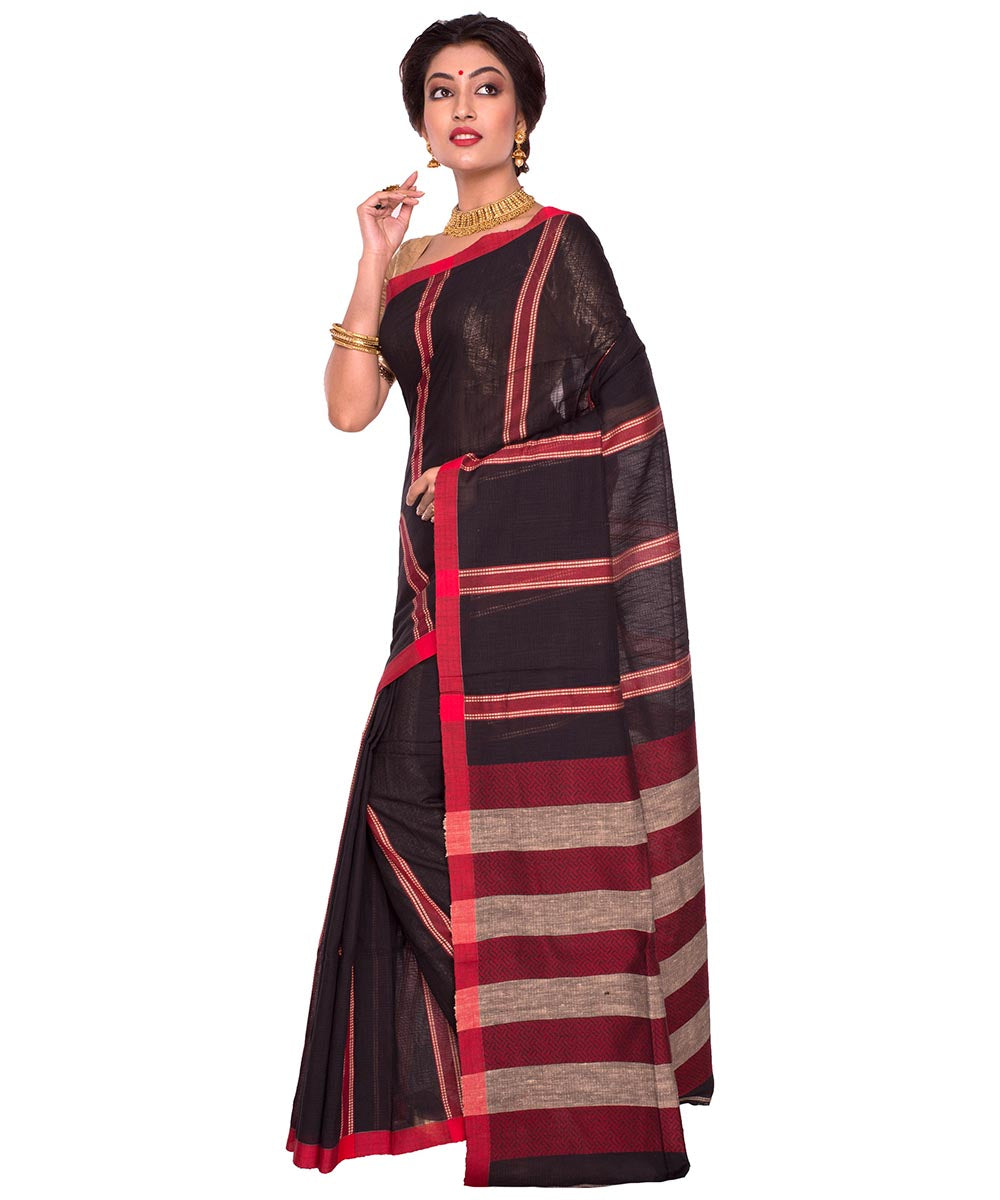 Black Bengal Stripe Handloom Cotton Saree