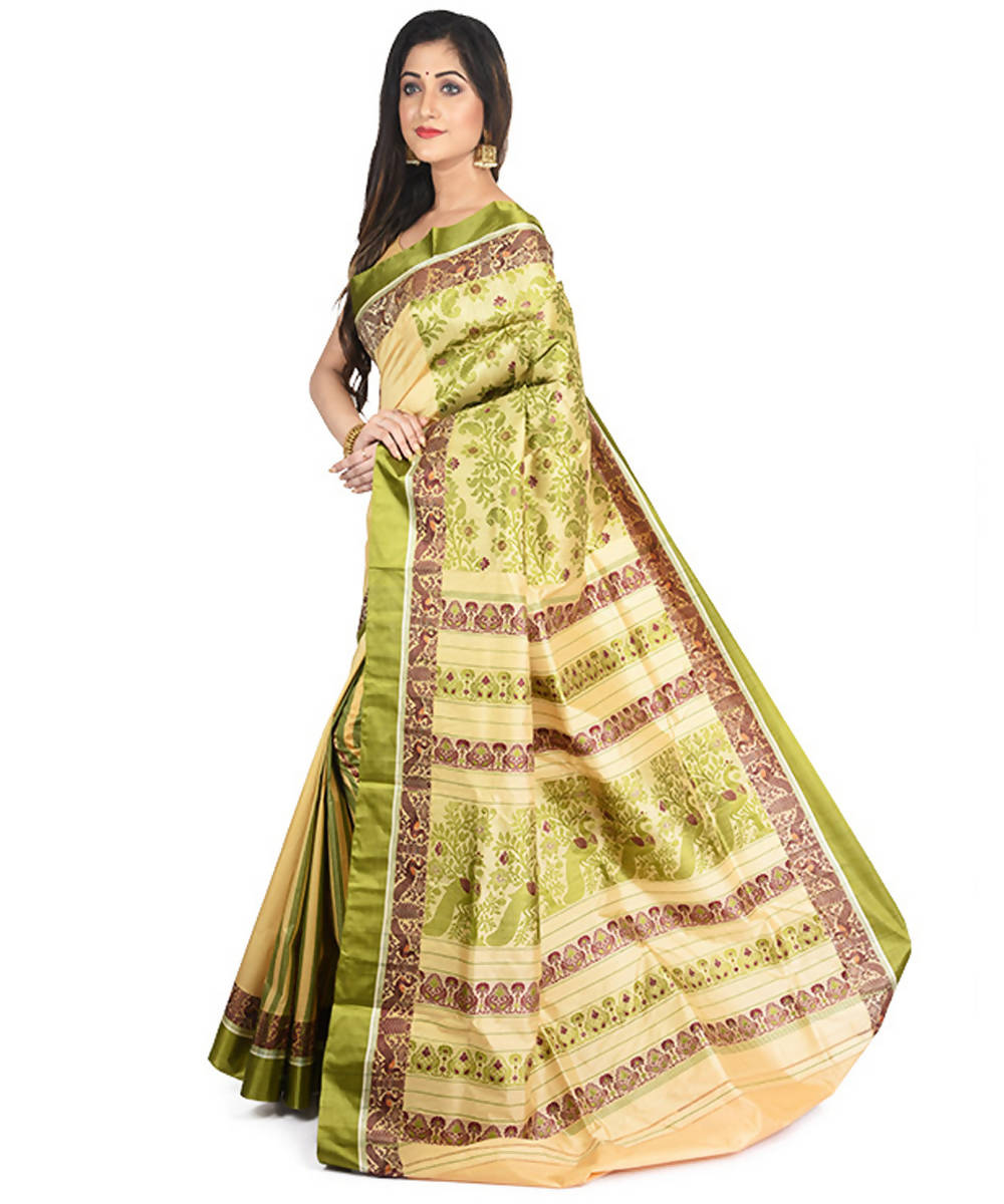 Sandal and green handloom garad silk saree