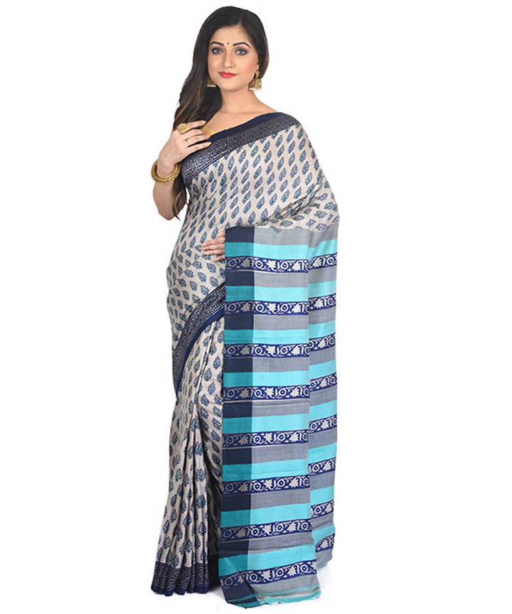 Off white and blue handblock printed eri silk saree