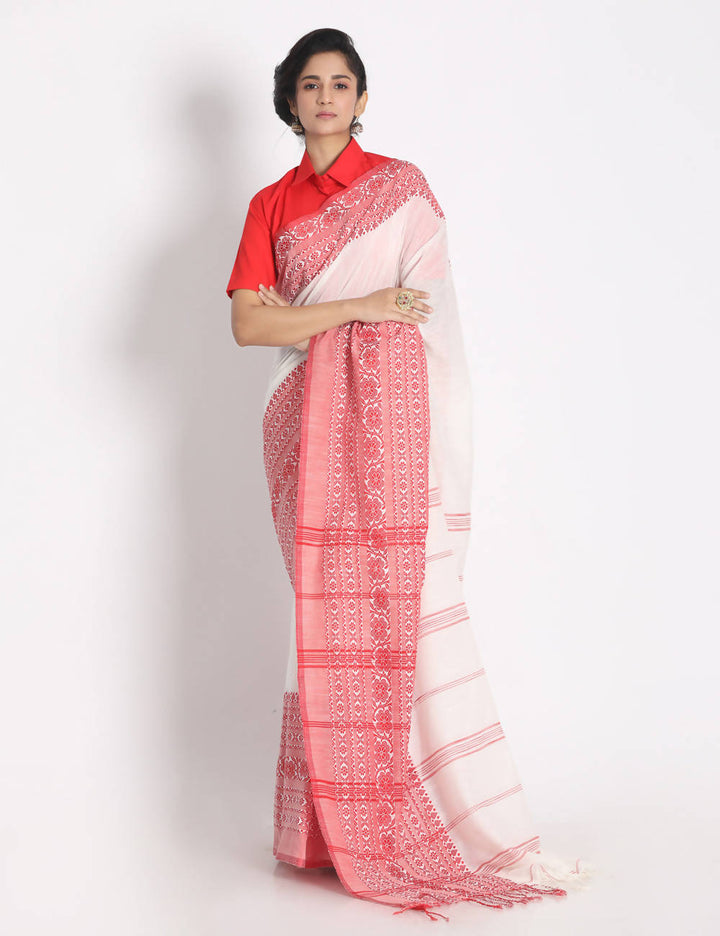 White red begampuri handspun handwoven cotton saree