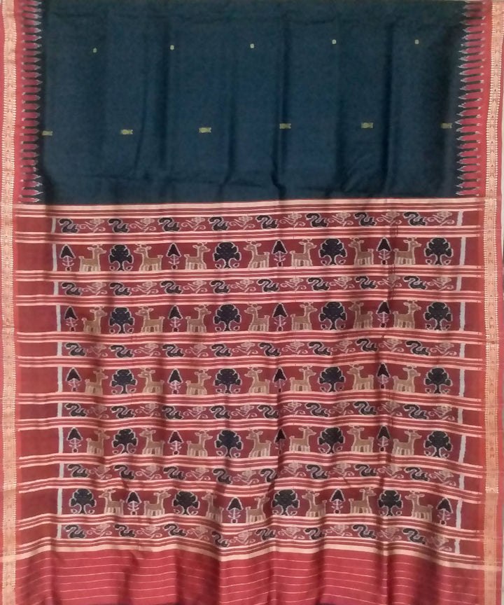 Charcoal black red handwoven silk khandua saree