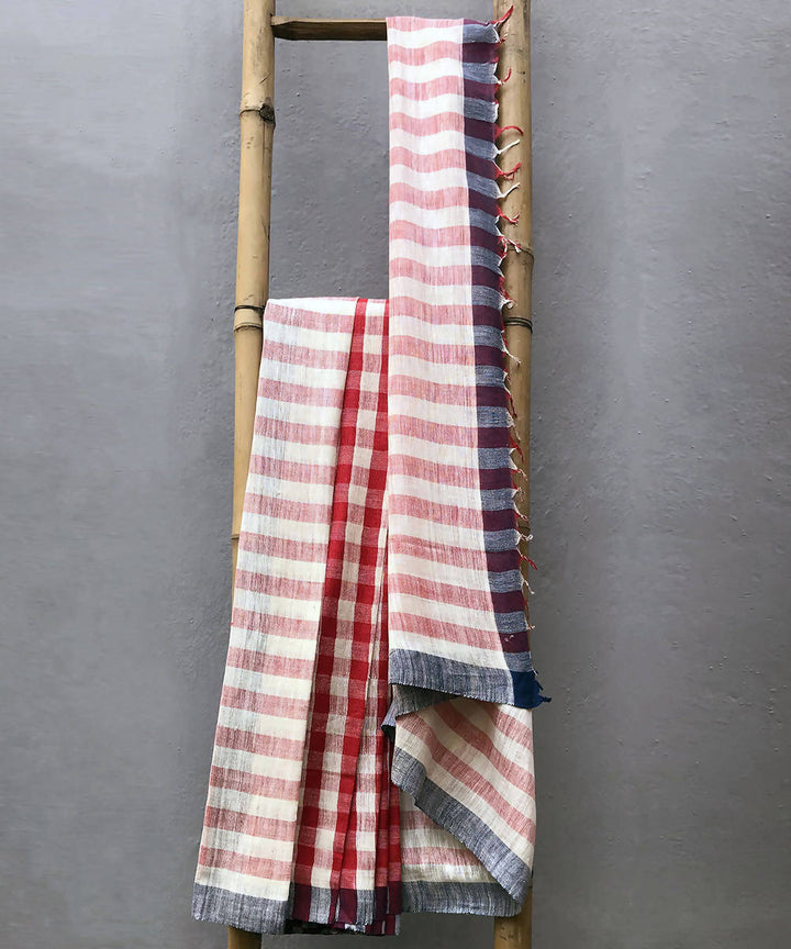 Red white handspun handwoven cotton saree