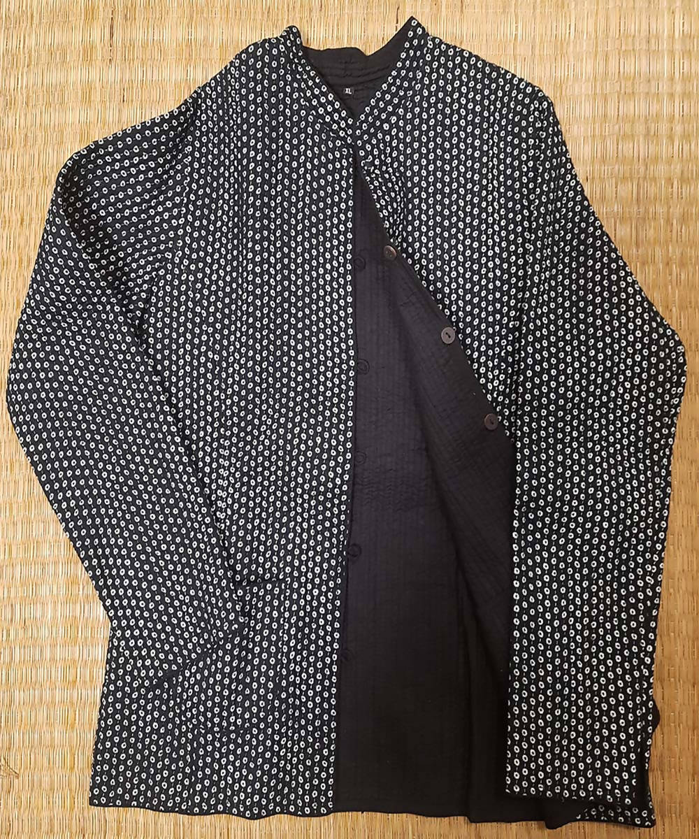 Black block print reversible jacket with cotton quilting