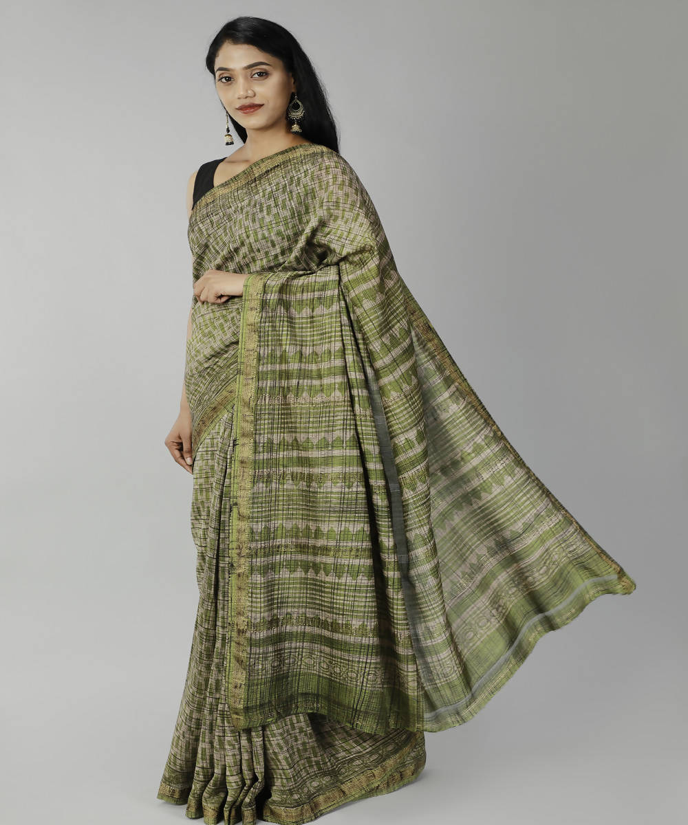 Dark olive green bagru handblock printed cotton silk saree