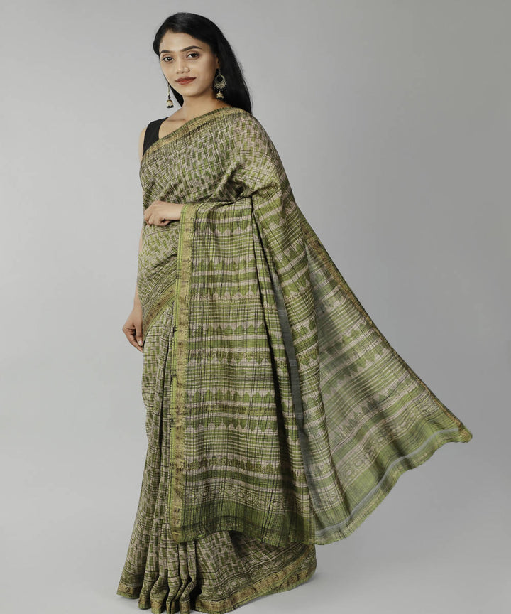 Dark olive green bagru handblock printed cotton silk saree