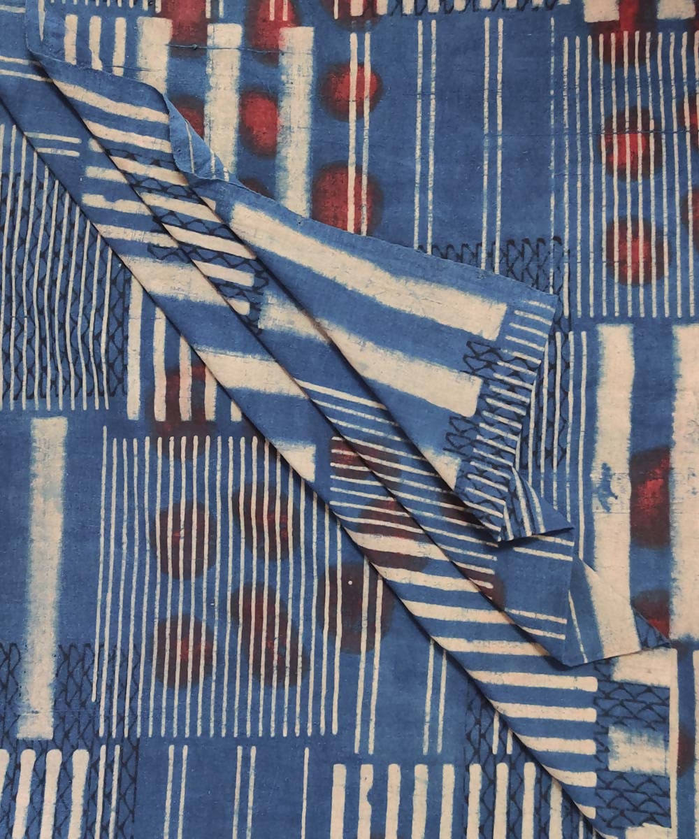 Blue and red natural dye ajrakh print organic handspun cotton fabric