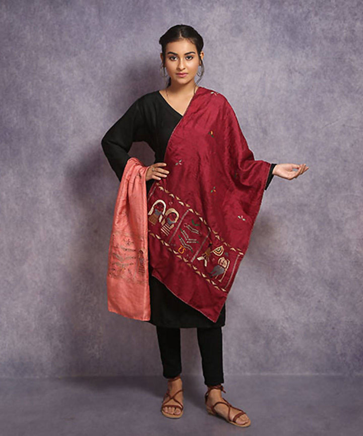 Maroon peach hand embroidery reversible silk stole