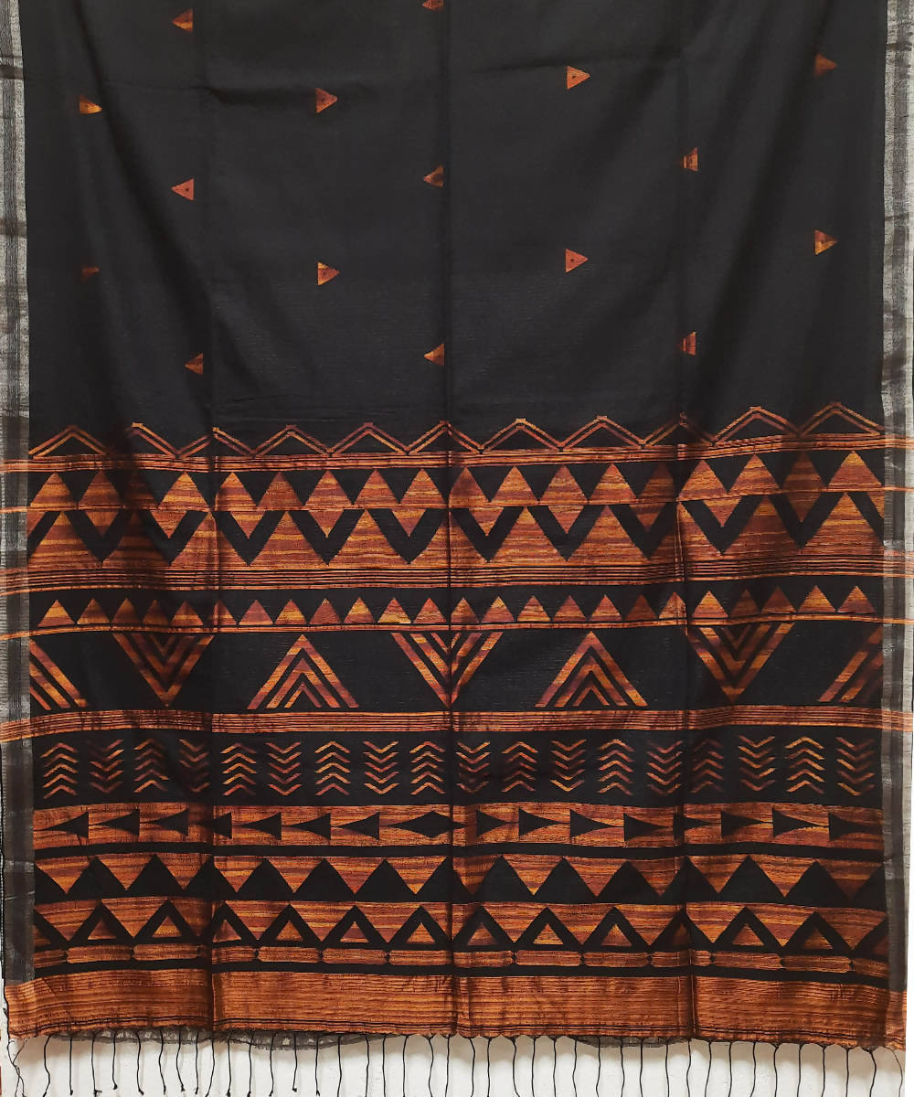 Handloom black and brown jamdani muslin saree with silver zari border