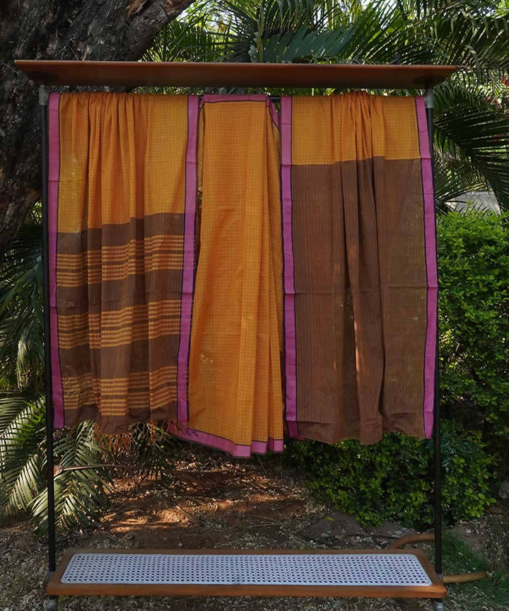 Yellow orange Cotton Handwoven mangalagiri saree