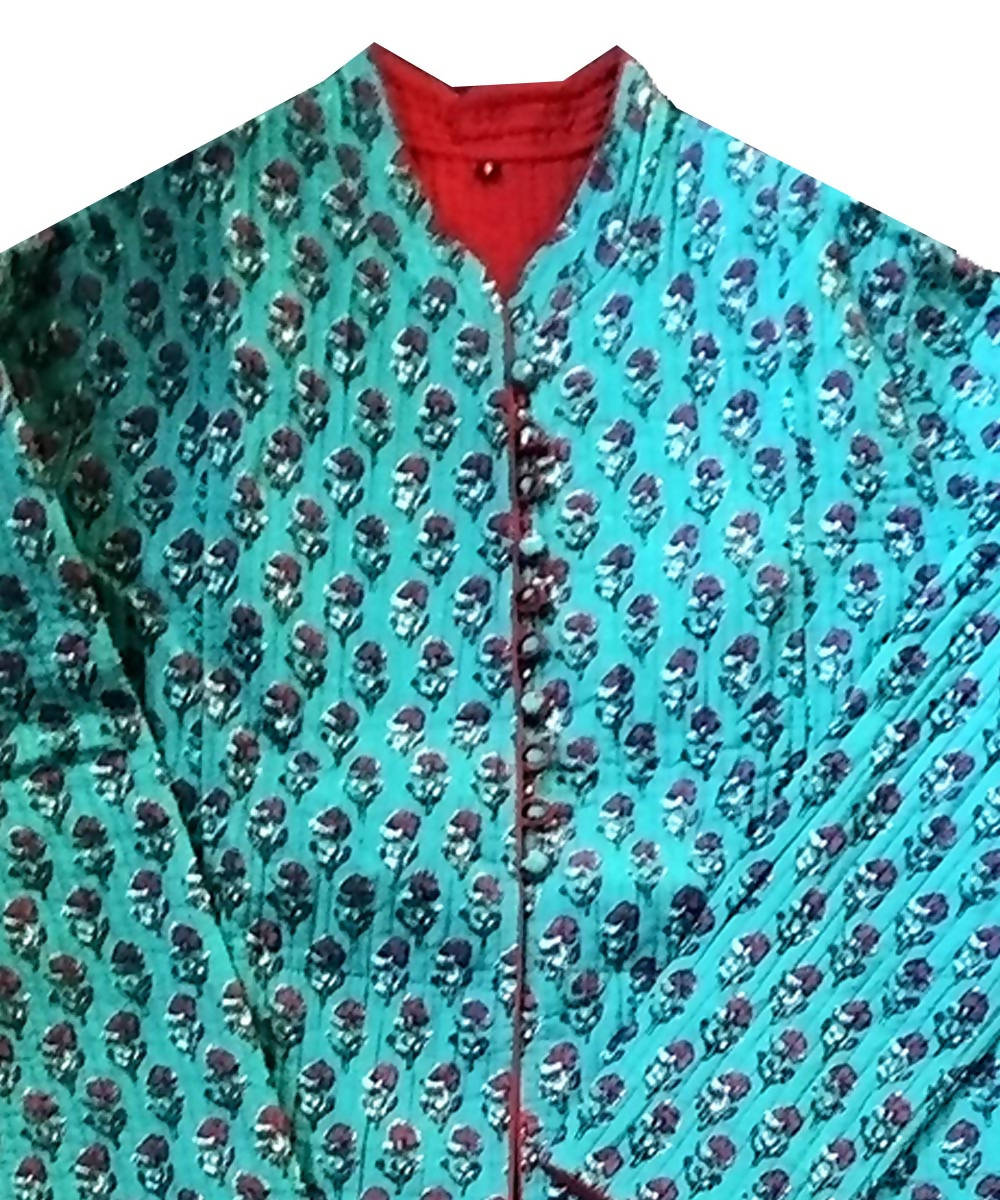 Turquoise maroon handblock print cotton quilted long jacket