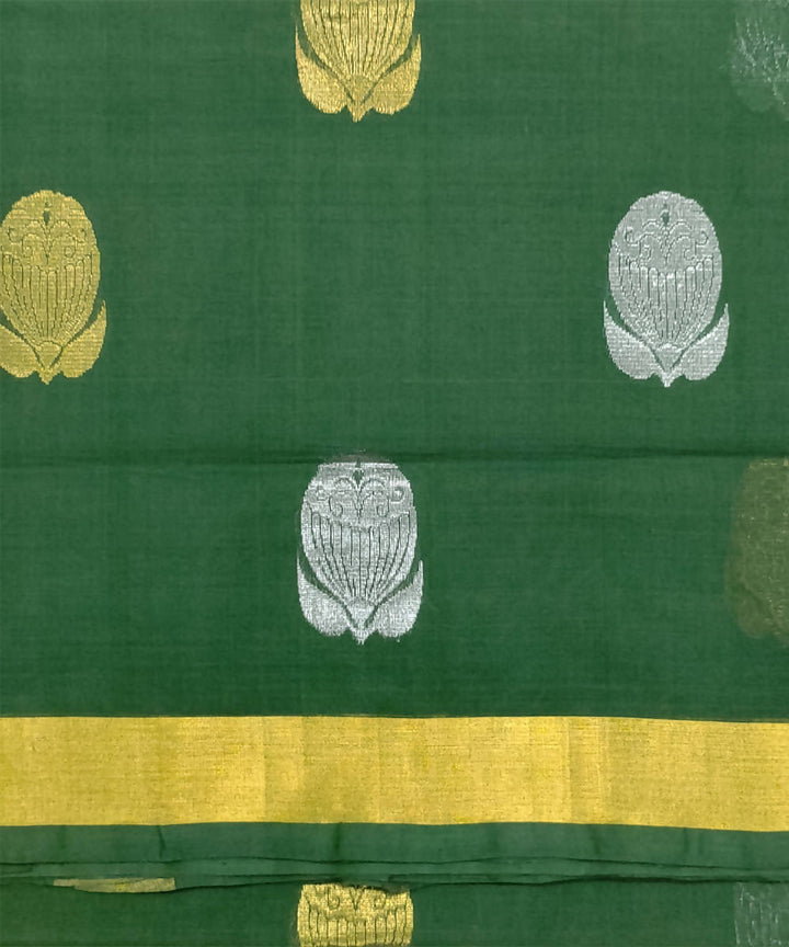 Dark Green Flower butta work Handwoven Cotton Venkatagiri Saree