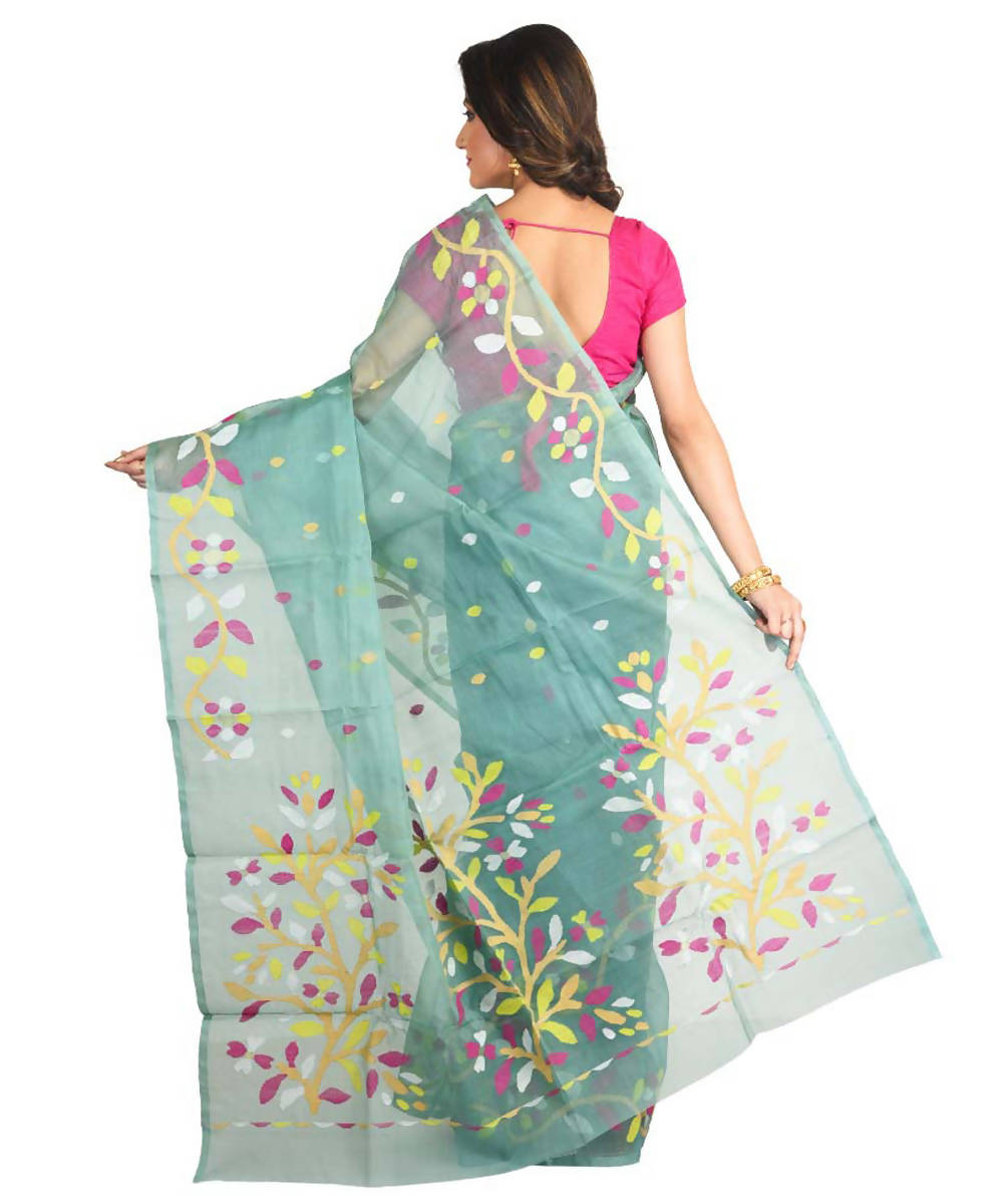 Resham shilpi cyan green bengal silk saree with handwoven jamdani work