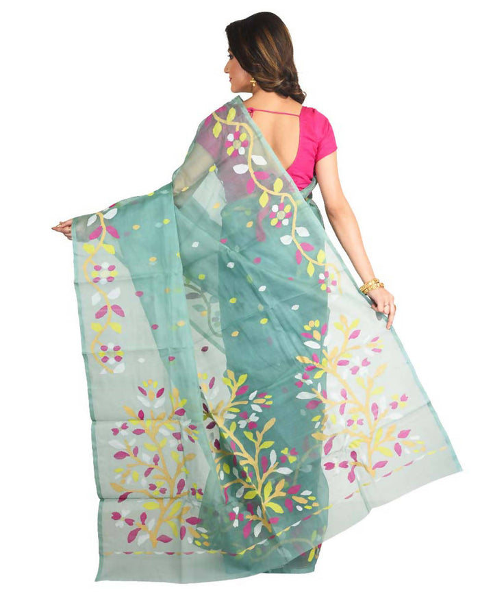 Resham shilpi cyan green bengal silk saree with handwoven jamdani work