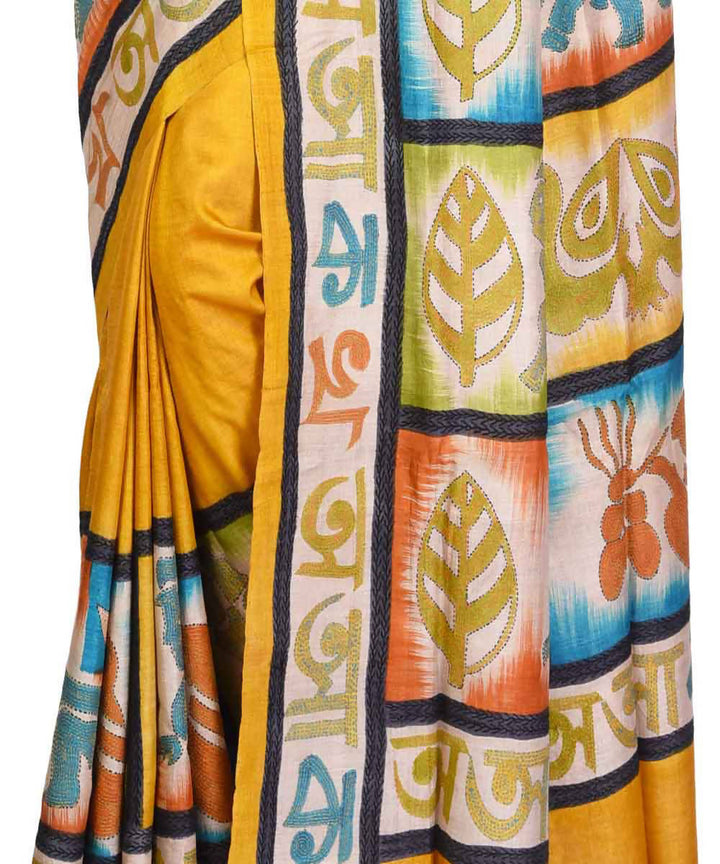 Yellow bengal hand embroidered tussar silk saree