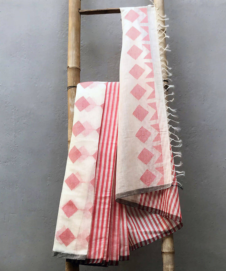 Red white handwoven extra weft cotton silk saree