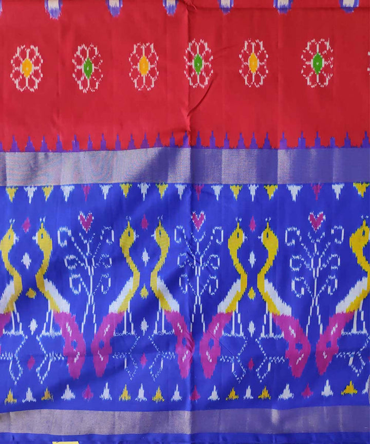 Red with blue handwoven ikkat silk pochampally saree