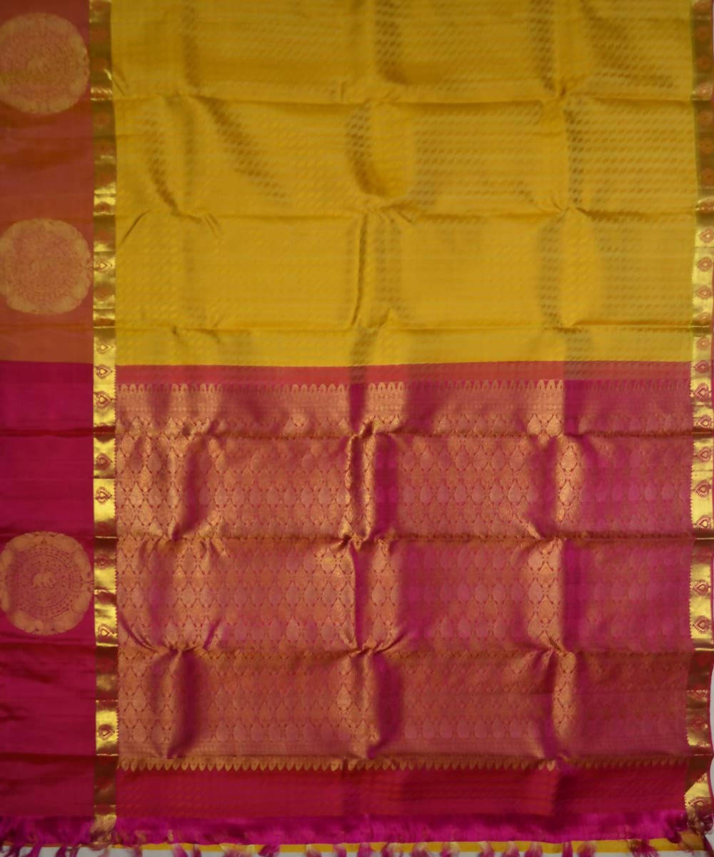 Lemon Yellow Pink Handloom Dharmavaram Embossed Work Silk Saree