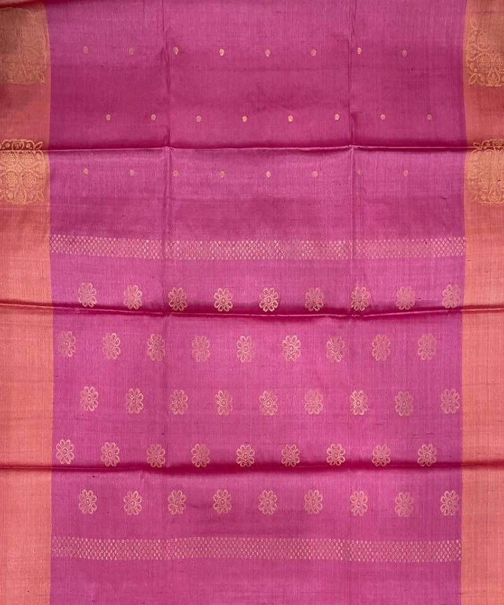 Hot pink handwoven tussar silk saree with all over buta
