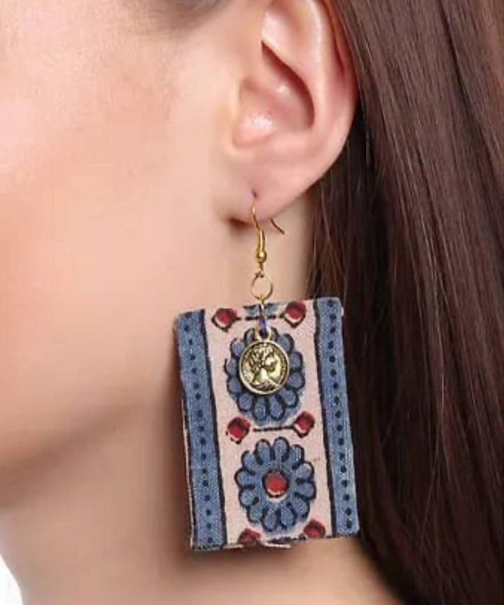creme blue floral rectangular earrings