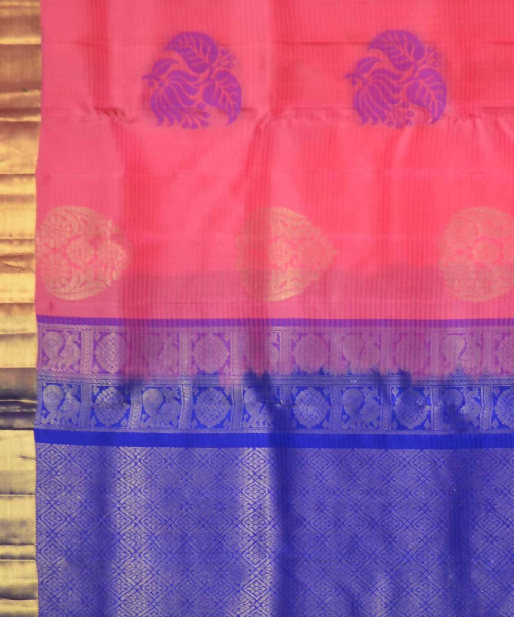 Peach Royal Blue Handloom Soft Silk Saree