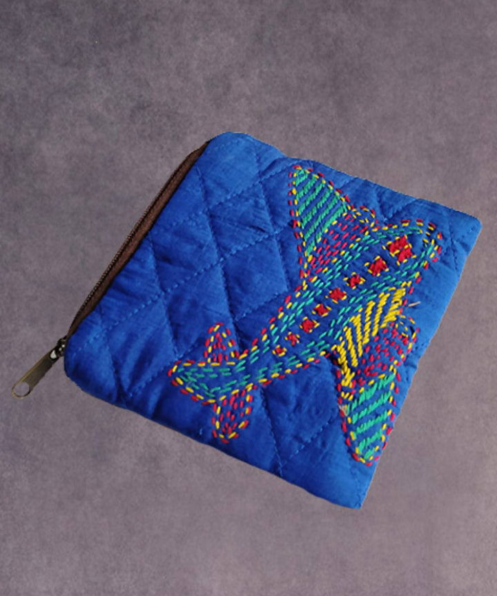 Blue hand made kantha stitch silk coin purse