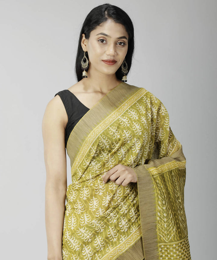 Brass bagru handblock printed cotton silk saree